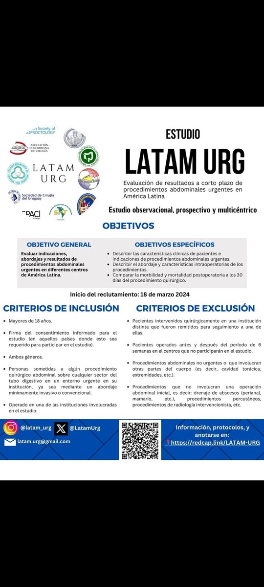 El nuevo esfuerzo de @latamccr se llama @LatamUrg , es prospectivo e include cirugía abdominal de urgencia en #latam. Arrancamos con 17 hospitales, que esperas para anotarte? Info: redcap.link/LATAM-URG @PipeCabreraV @RAZ_doctor @sopacipy @nlavellaneda @CelestinoGutirr