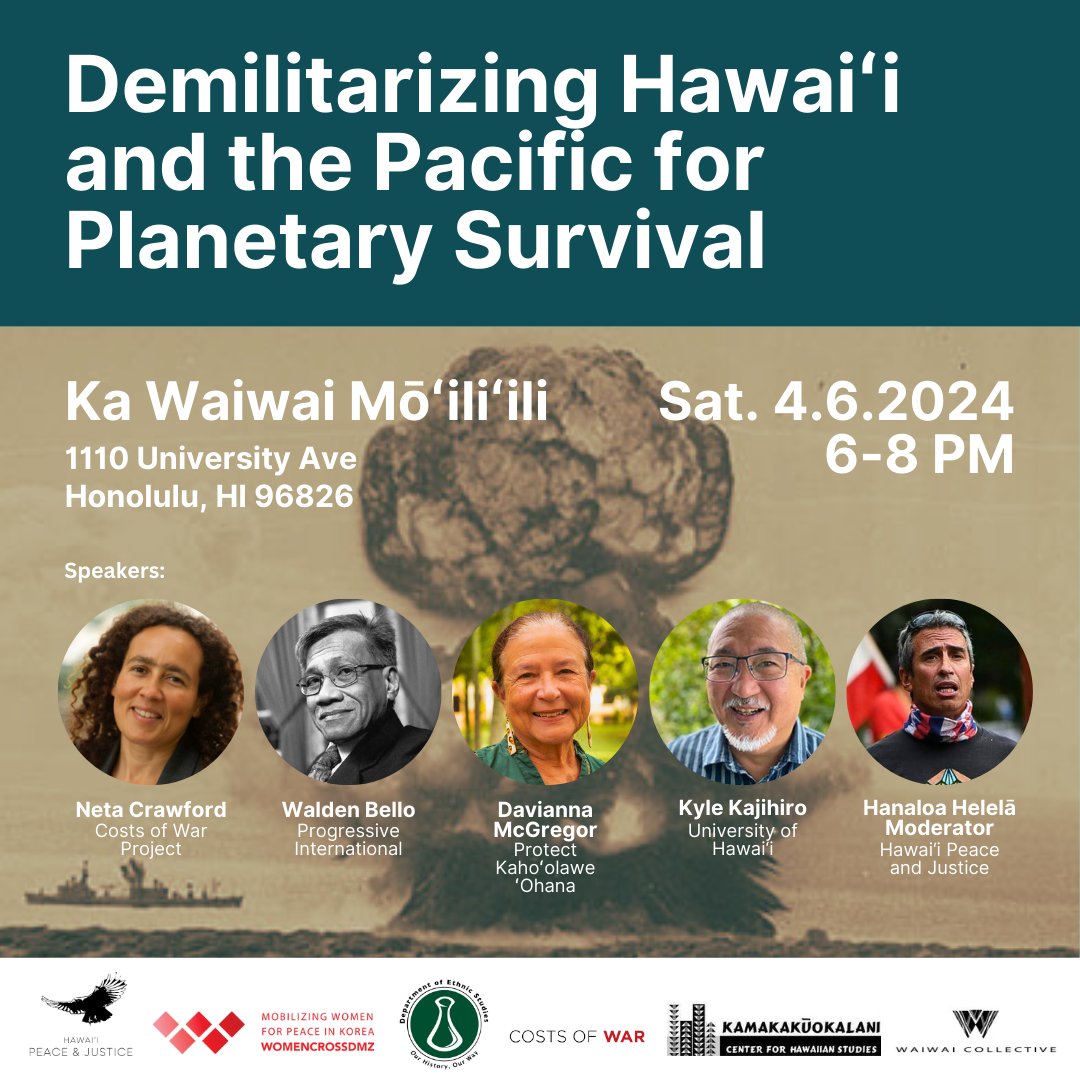 Join us Sat Apr 6 for a panel discussion on the intersecting problems of militarism, climate crisis, and ongoing geopolitical conflict, and the unprecedented opportunity for demilitarization in Hawaiʻi. eventbrite.sg/e/demilitarizi…