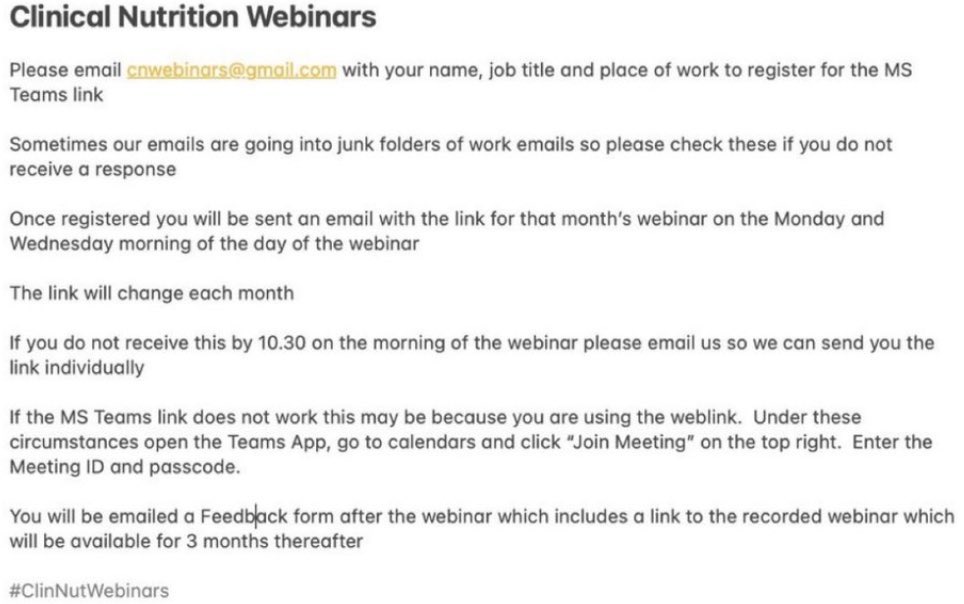 We welcome Dr Nicola Burch from Coventry Hospitals for our next #ClinNutWebinar on Weds 17th April

Nutrition Support Teams and Nutrition Support pearls

12.30-13.30 BST ☀️ 

Email cnwebinars@gmail.com to register👇🏻