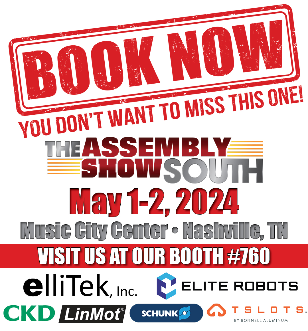 ✨FREE Registration✨ The #ASSEMBLYShowSouth is back at the Music City Center in Nashville, TN on May 1-2!🎶 No foolin’ – Registration is FREE when you use code: ELLIVIP ⏳Secure your spot now: na.eventscloud.com/ereg/newreg.ph… Visit @elliTek_Inc's Booth 760! #FreeRegistration
