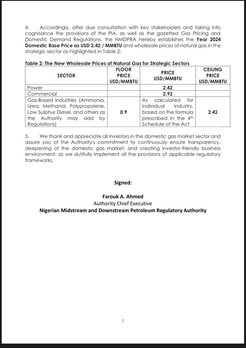 HabuSadeik's tweet photo. The NMDPRA has approved the upward review of gas price for the power sector from $2.18/scf to $2.42/scf as part of the domestic base price (DBP).

Implication is that gas companies will adjust invoices to gencos, and gencos will adjust prices to discos.

Discos will not adjust price until approved by NERC.