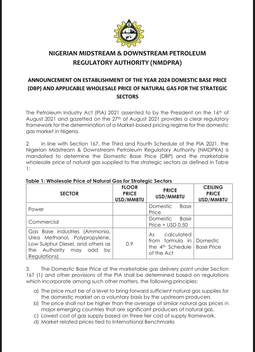 HabuSadeik's tweet photo. The NMDPRA has approved the upward review of gas price for the power sector from $2.18/scf to $2.42/scf as part of the domestic base price (DBP).

Implication is that gas companies will adjust invoices to gencos, and gencos will adjust prices to discos.

Discos will not adjust price until approved by NERC.