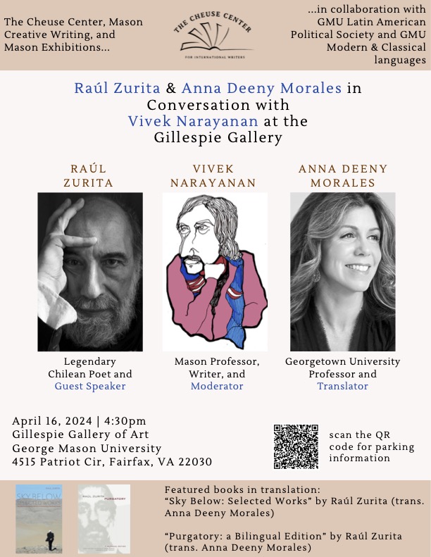 Excited to host one of Latin America's greatest living poets #RaúlZurita and his translator #AnnaDeeny in conversation with @naravive @GMU_English @mason__cw @GeorgeMasonU @GMULaps #MCL . Reception to follow @LeeyaMehta