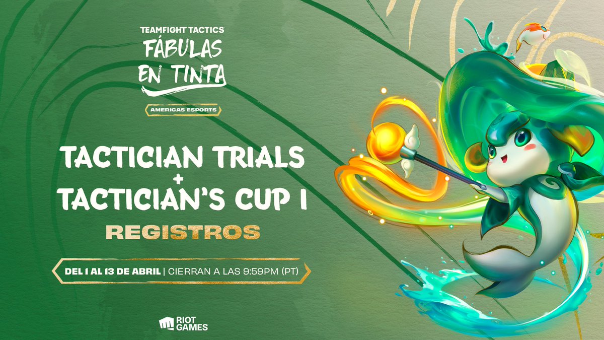 TFTLatam's tweet photo. Atiende el llamado. Los registros a Tactician Trials + Tactician's Cup I están ABIERTOS hasta el 13 de abril 9:59PM PT / 10:59PM 🇲🇽 / 11:59PM 🇨🇴🇵🇪 / 00:59AM 🇨🇱 / 01:59AM 🇦🇷

Registros aquí ⬇️
https://t.co/lHFwt54YAg https://t.co/KB2FW4Q72E