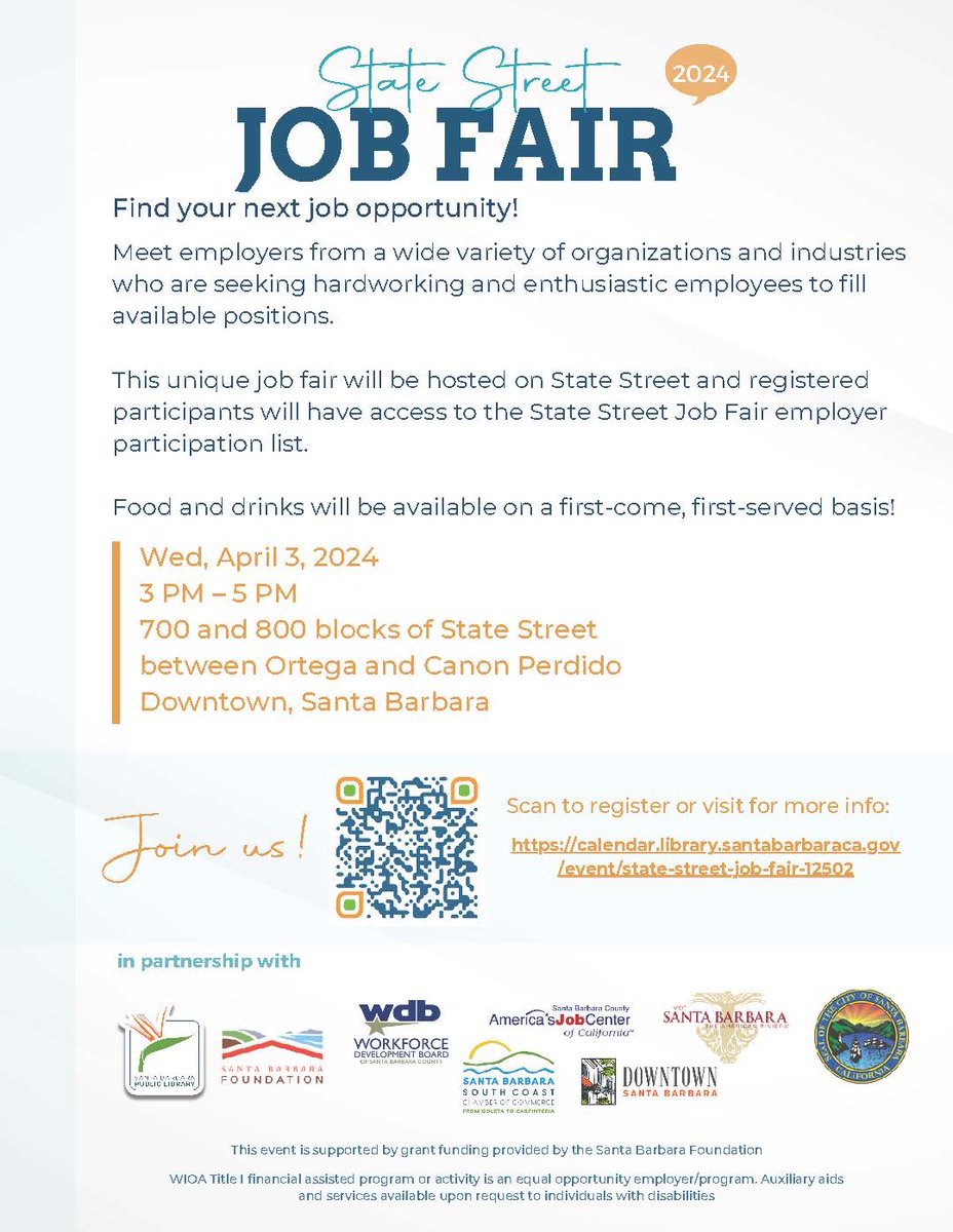 sbcajcc's tweet image. Looking for your next career opportunity in Santa Barbara?🧐
📅 Date: Wednesday, April 3, 2024
🕒 Time: 3 PM - 5 PM
📍 Location: State Street between Ortega and Canon Perdido, Downtown Santa Barbara
#SantaBarbaraJobs #SBCWDB #CareerOpportunities