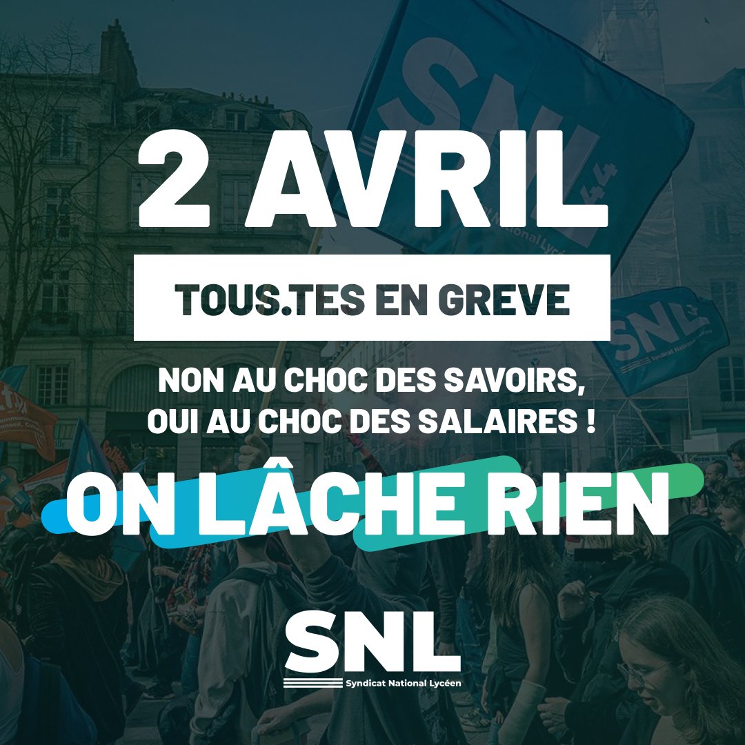 Le 2 Avril, toutes et tous mobilisé.es ! ✊
Non au choc des savoirs, oui au choc des salaires : on lâche rien ! 🔵🟢

#2avril