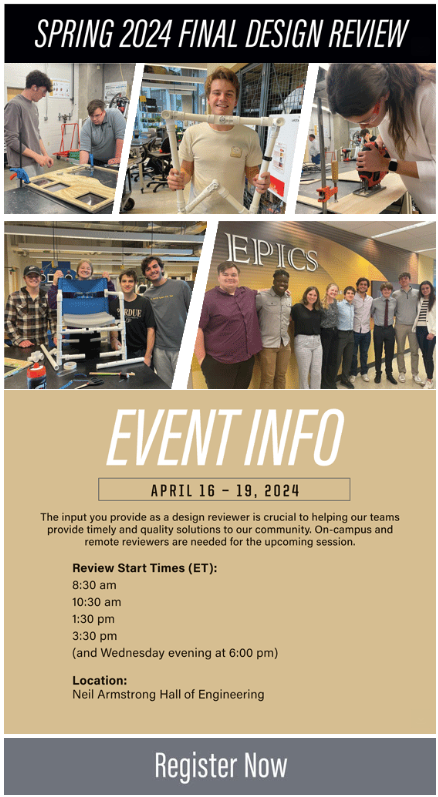 We need your help! Design reviewers are needed from all professional disciplines to give our students advice and feedback to improve their community engineering projects. Register now at purdue.ca1.qualtrics.com/jfe/form/SV_cB…