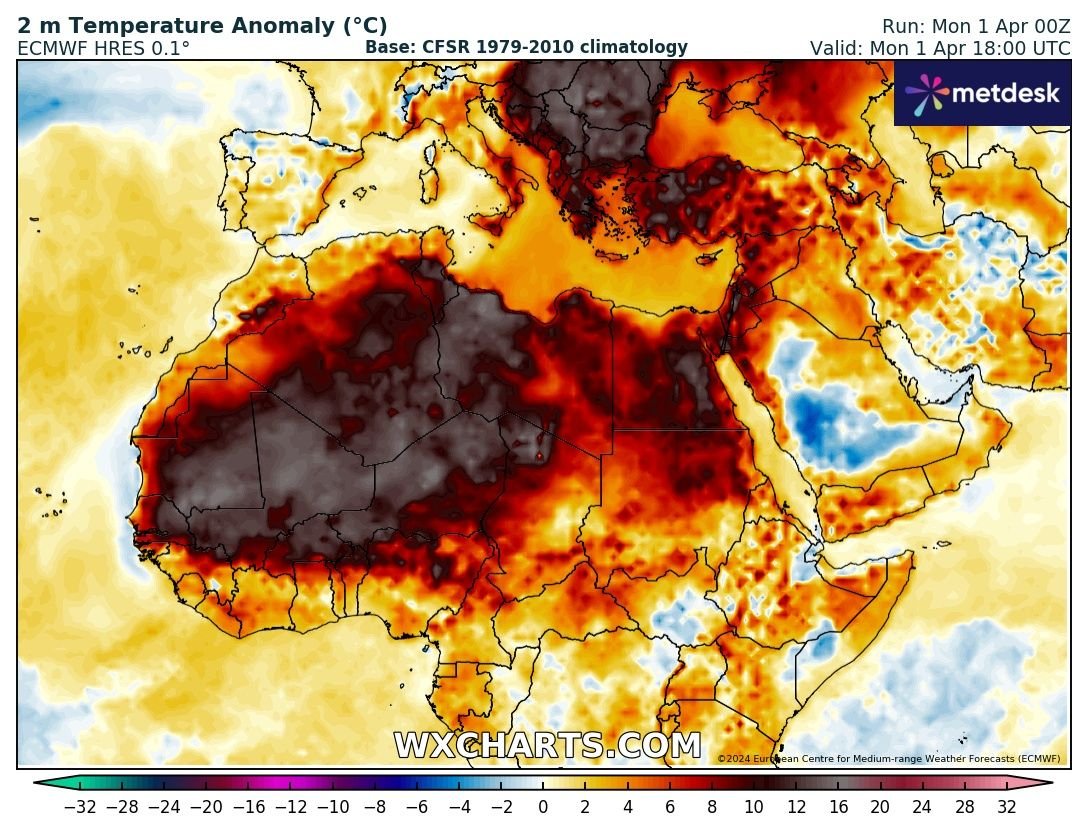 HISTORIC HEAT WAVE IN AFRICA 47.7 at Nara MALI It has never been that hot anywhere in Africa this time of the year Also hottest day ever for Nara MALI 47.7 Nara all time high 46.2 Mopti monthly 45.2 San monthly NIGER 46.2 Goure all time tied 39C in Libya, 37C in Tunisia