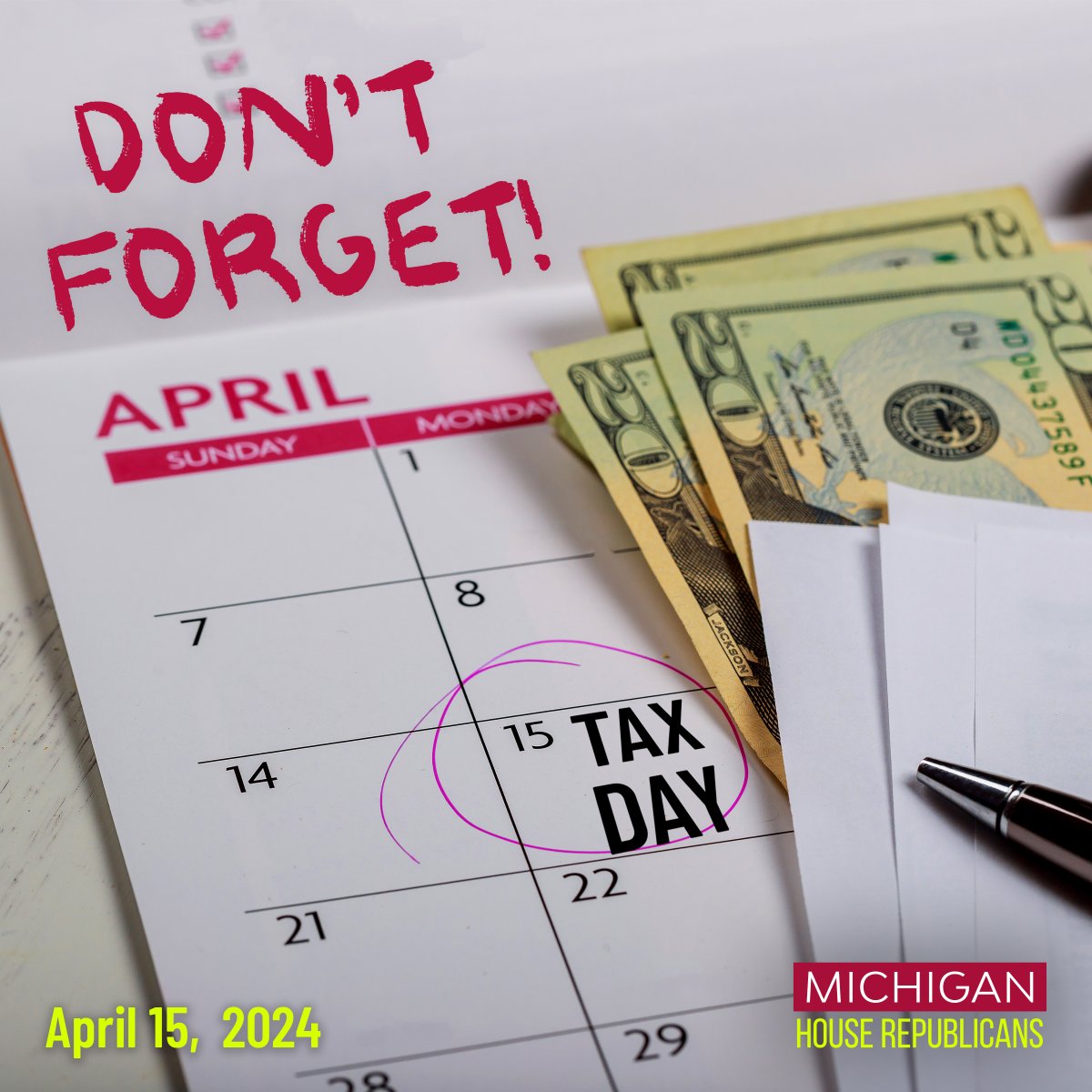 Today is #TaxDay. 🗓️ Unfortunately you're going to pay more after Gov. Whitmer and the Democrats raised your taxes on Jan 1. We’ll keep fighting to undo their tax hike and let you keep more of what you’ve earned.