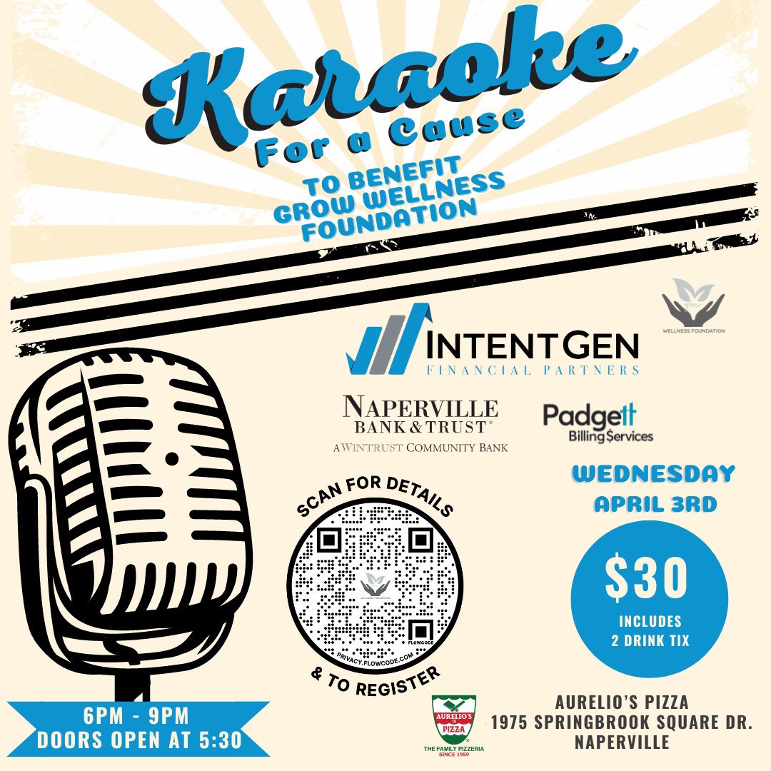 Come join us Wednesday for a night of singing, fun, and giving back! Belt out your favorite tunes while supporting a great cause. Let's come together to make a difference and have a blast. See you there! A percentage of food sales will be donated to Grow Wellness Foundation.