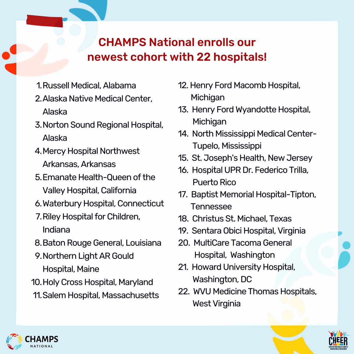 Introducing #CHAMPSNational's newest cohort 🎉 The group includes our first hospitals from Alaska, Arkansas, Connecticut, Maine, Maryland, Michigan, Mississippi, Tennessee, Virginia, Washington, and DC! Visit cheerequity.org/champsnational… to learn how you can enroll your hospital.