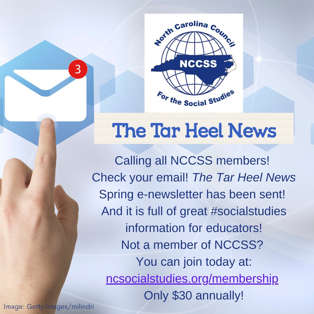 Calling all @NCCSS members! Check your email! The Tar Heel News Spring e-newsletter has been sent, and it is full of great #socialstudies information for educators! Not a member of @NCCSS? You can join today at ncsocialstudies.org/membership. It's only $30 annually!