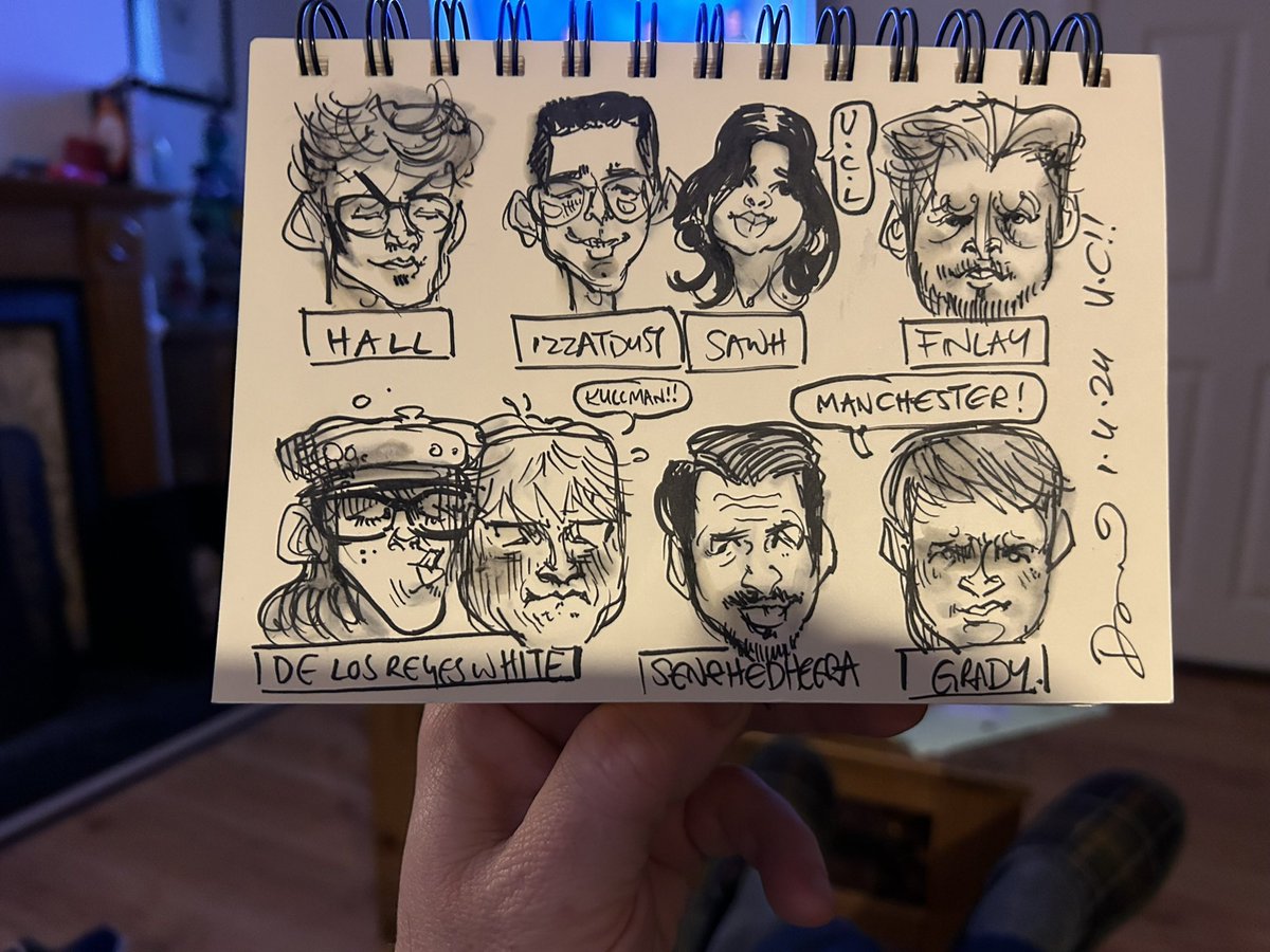 Blimey that was tight! Well done @ucl! And bloody well played @OfficialUoM! #universitychallenge #caricature #livedrawing #quizzymondays @amolrajan @rogertilling
