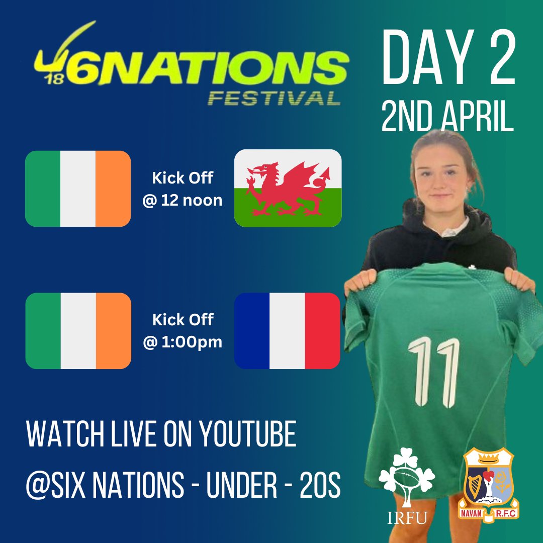 DAY 2 of U18 Women’s Six Nations tomorrow, 2nd April, in Wales. Best of luck to Emma & the Ireland squad. 🇮🇪 📺 Watch 🇮🇪 v Wales 🏴󠁧󠁢󠁷󠁬󠁳󠁿 at 12 noon: youtube.com/live/8AAC-5oMw… 📺 Watch 🇮🇪 v France 🇫🇷 at 1pm: youtube.com/live/fnYP--ZGG… C'mon 🇮🇪 #u6n18 #fromthegroundup #Youthrugby