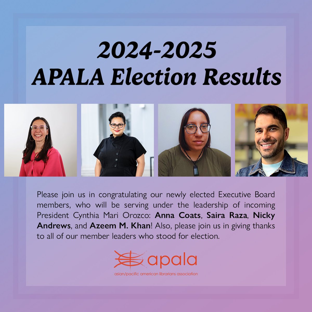 ala_apala's tweet image. Congratulations to the newly elected APALA Executive Board members, who will be serving under the leadership of incoming President Cynthia Mari Orozco!

Also, please join us in thanking all of our member leaders who stood for election.

Full results:
apalaweb.org/apala-2024-202…