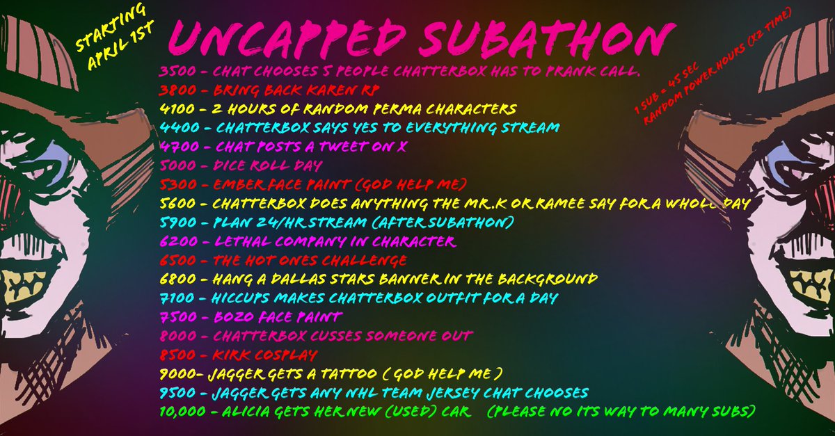 LunarQuillz's tweet image. Hey let’s talk about CHATTERBOX SUBATHON that starts today‼️

Some highlights:
Chatty says yes to everything‼️
Ember face paint 🤭
Hiccups makes chatty fit😳
Chatty CUSSES someone out
Kirk cosplay🔥
Tattoo community can help design🔥
ALI NEW CAR🙌

If you can, let’s get to 10k🫶
