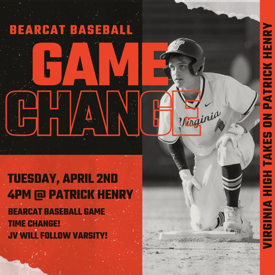 vhsbearcats's tweet image. Bearcat Baseball game time change! VA High varsity will start at 4:00 pm on Tuesday @ Patrick Henry!