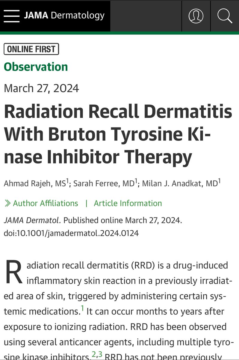 Radiation recall is a fascinating clincal phenomenon that I learned about during clinic when I first visited <a href="/WashUDerm/">WashU Medicine Division of Dermatology</a>. Here in <a href="/JAMADerm/">JAMA Dermatology</a> we report on a case of radiation recall with two BTK-inhibitors. Many many thanks to Dr. Anadkat and Dr. Ferree. #MedTwitter #dermtwitter