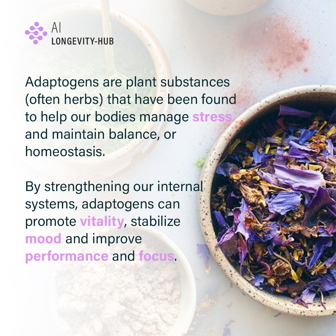 AILongevity_hub's tweet image. #Adaptogens are plant compounds aiding #stress management and balance 💯 
They enhance #internalsystems, boosting vitality, mood stability, and performance. Interacting with the HPA axis, they balance hormones, reducing excess and replenishing deficiencies 👍