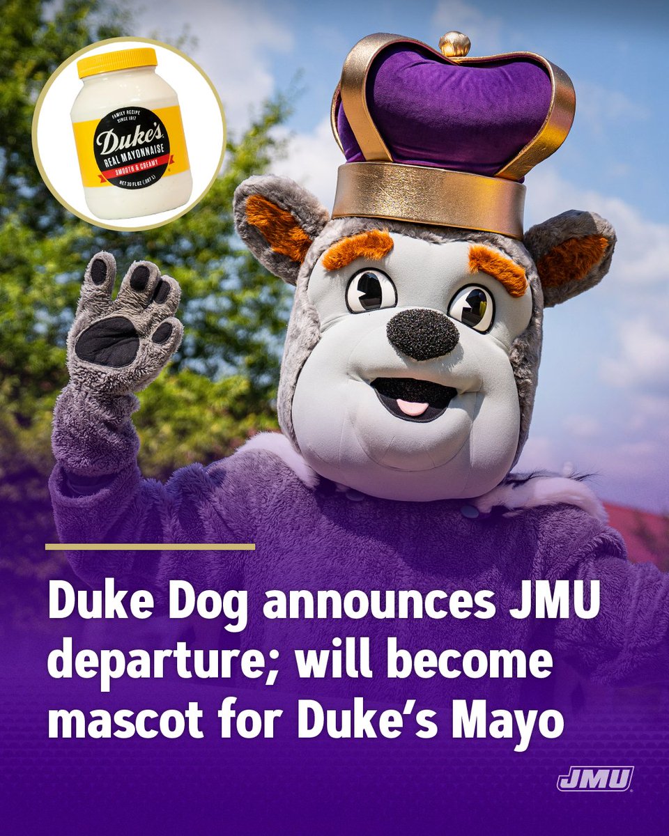 JMU's tweet photo. JUST ANNOUNCED: After 52 years at James Madison University, Duke Dog announces his departure to become the new mascot for @DukesMayonnaise.
Learn more: https://t.co/3L9qTjEJgr

APRIL FOOL’S. Duke Dog, like the train, isn’t leaving JMU. 😉 https://t.co/uhXiBeP1Er