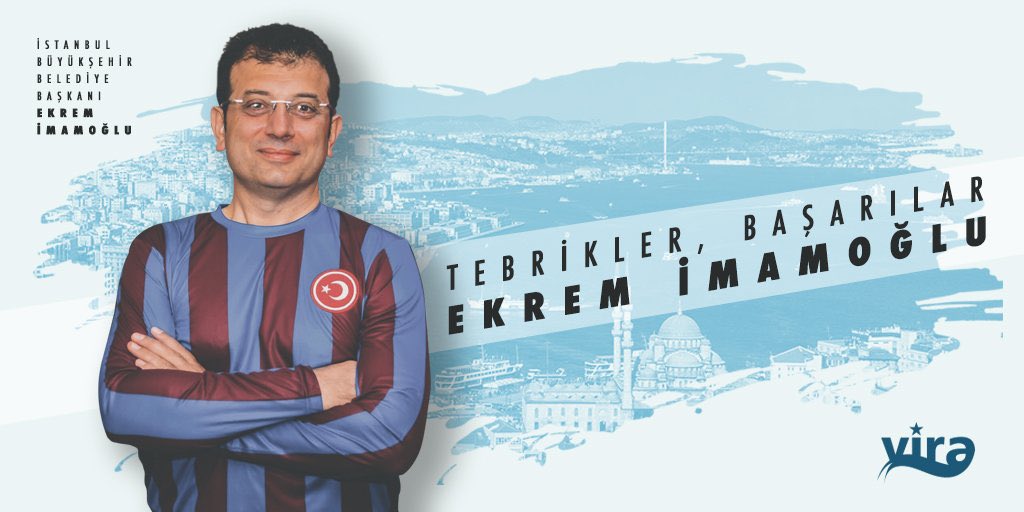 İstanbul Büyükşehir Belediye Başkanlığına yeniden seçilen, <a href="/Trabzonspor/">Trabzonspor</a> eski yöneticisi, divan kurulu üyemiz <a href="/ekrem_imamoglu/">Ekrem İmamoğlu</a> 'nu tebrik ediyor, bu önemli görevde kendisine başarılar diliyoruz.

 #VİRA