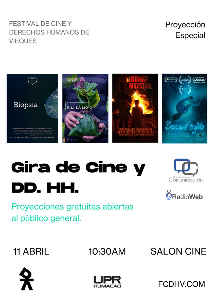 FCDHVieques's tweet photo. 🎬El próximo jueves 11 de abril de 2024, la Universidad de Puerto Rico Recinto de Humacao se convertirá en el escenario de una destacada muestra cinematográfica con la proyección de cuatro emocionantes cortometrajes pertenecientes a la cuarta edición del #FCDHV. https://t.co/87fHzyapMH