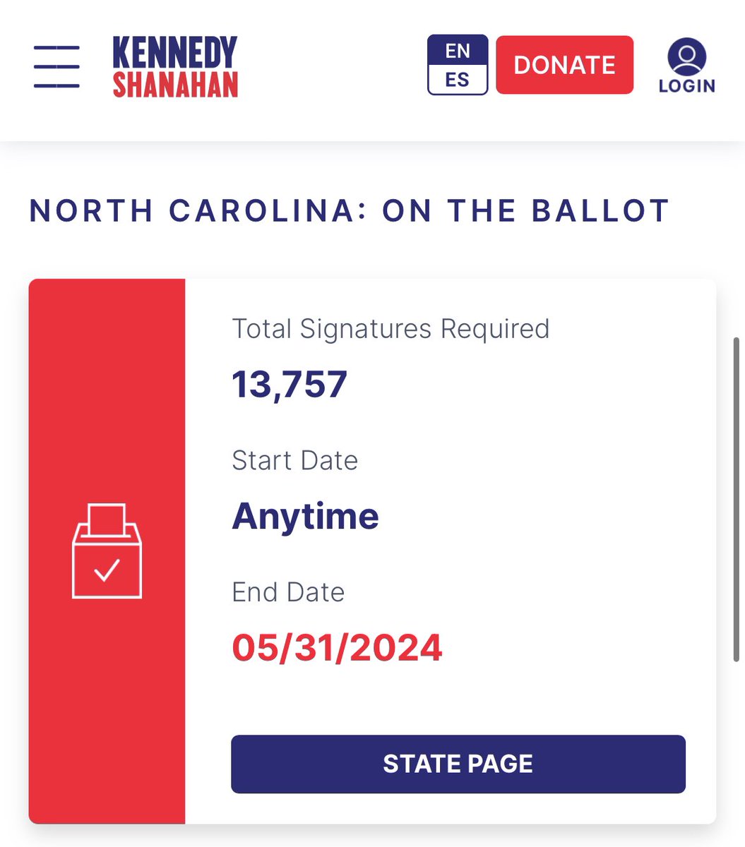 RFK Jr's website claims to be 'on the ballot' in North Carolina. That's not officially the case yet. Campaign is trying to create a party (We The People) to nominate him. Comms for state board of election tells me the 'board has not received any signatures from We The People.'