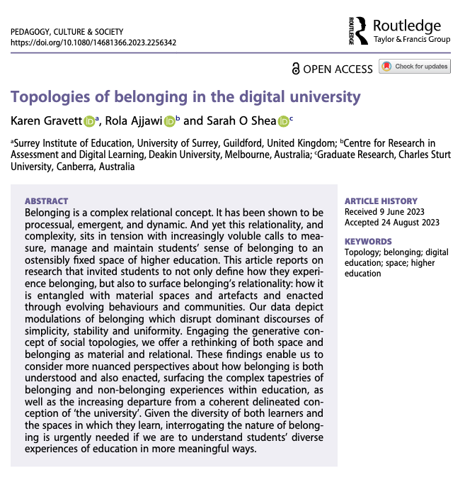 👩‍🎓This study challenges views of belonging, emphasizing the need for a nuanced understanding of how diverse student experiences shape their sense of inclusion. @k_gravett @UniOfSurrey @r_ajjawi @Deakin @seos895 @CharlesSturtUni Open access here 👉🔗tandfonline.com/doi/full/10.10…