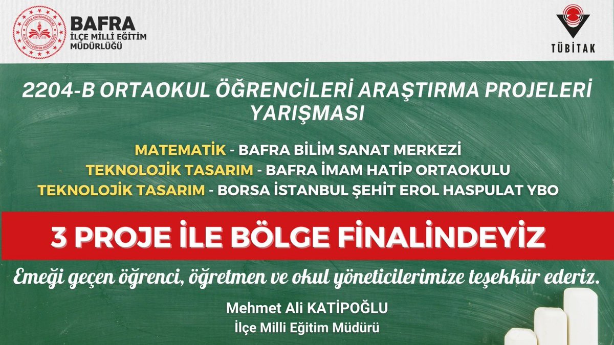Mehmet Ali KATİPOĞLU 🇹🇷 (@mehmetalikatip1) on Twitter photo 2204-B Ortaokul Öğrencileri Araştırma Projeleri Yarışmasında Bölge Finaline davet edilen okullarımızı tebrik ediyoruz.
Emeği geçen danışman öğretmenlerimize ve öğrencilerimize teşekkür ederiz.
<a href="/bafra_mem/">Bafra İlçe Millî Eğitim Müdürlüğü</a> <a href="/samsunmem/">Samsun İl Milli Eğitim Müdürlüğü</a> <a href="/Tubitak/">TÜBİTAK</a> <a href="/ProfHasanMandal/">Prof. Dr. Hasan Mandal</a> <a href="/Yusuf__Tekin/">Yusuf Tekin</a> <a href="/tcmeb/">Millî Eğitim Bakanlığı</a> 2204-B Ortaokul Öğrencileri Araştırma Projeleri Yarışmasında Bölge Finaline davet edilen okullarımızı tebrik ediyoruz.
Emeği geçen danışman öğretmenlerimize ve öğrencilerimize teşekkür ederiz.
<a href="/bafra_mem/">Bafra İlçe Millî Eğitim Müdürlüğü</a> <a href="/samsunmem/">Samsun İl Milli Eğitim Müdürlüğü</a> <a href="/Tubitak/">TÜBİTAK</a> <a href="/ProfHasanMandal/">Prof. Dr. Hasan Mandal</a> <a href="/Yusuf__Tekin/">Yusuf Tekin</a> <a href="/tcmeb/">Millî Eğitim Bakanlığı</a>