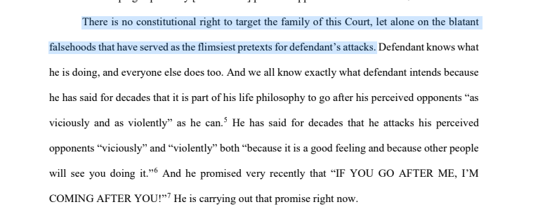 TylerMcBrien's tweet photo. "There is no constitutional right to target the family of this Court, let alone on the blatant falsehoods that have served as the flimsiest pretexts for defendant’s attacks," says the DA, and calls any claim to such a right "disturbing and wrong." https://t.co/ArlWIsOr53