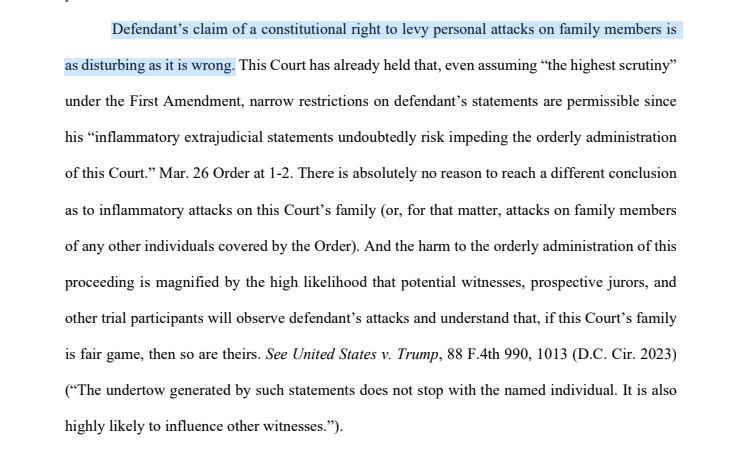 TylerMcBrien's tweet photo. "There is no constitutional right to target the family of this Court, let alone on the blatant falsehoods that have served as the flimsiest pretexts for defendant’s attacks," says the DA, and calls any claim to such a right "disturbing and wrong." https://t.co/ArlWIsOr53