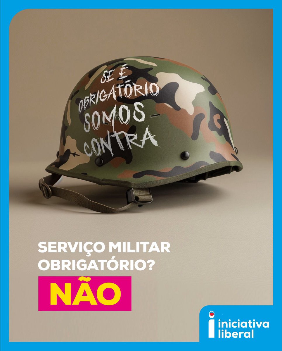 🪖 NÃO AO SERVIÇO MILITAR OBRIGATÓRIO

A Iniciativa Liberal considera inaceitável que o Estado interrompa à força a vida dos jovens para os mandar à tropa. 

Em 2024, numa democracia consolidada como a portuguesa, é eticamente inaceitável que por meio da coerção estatal se