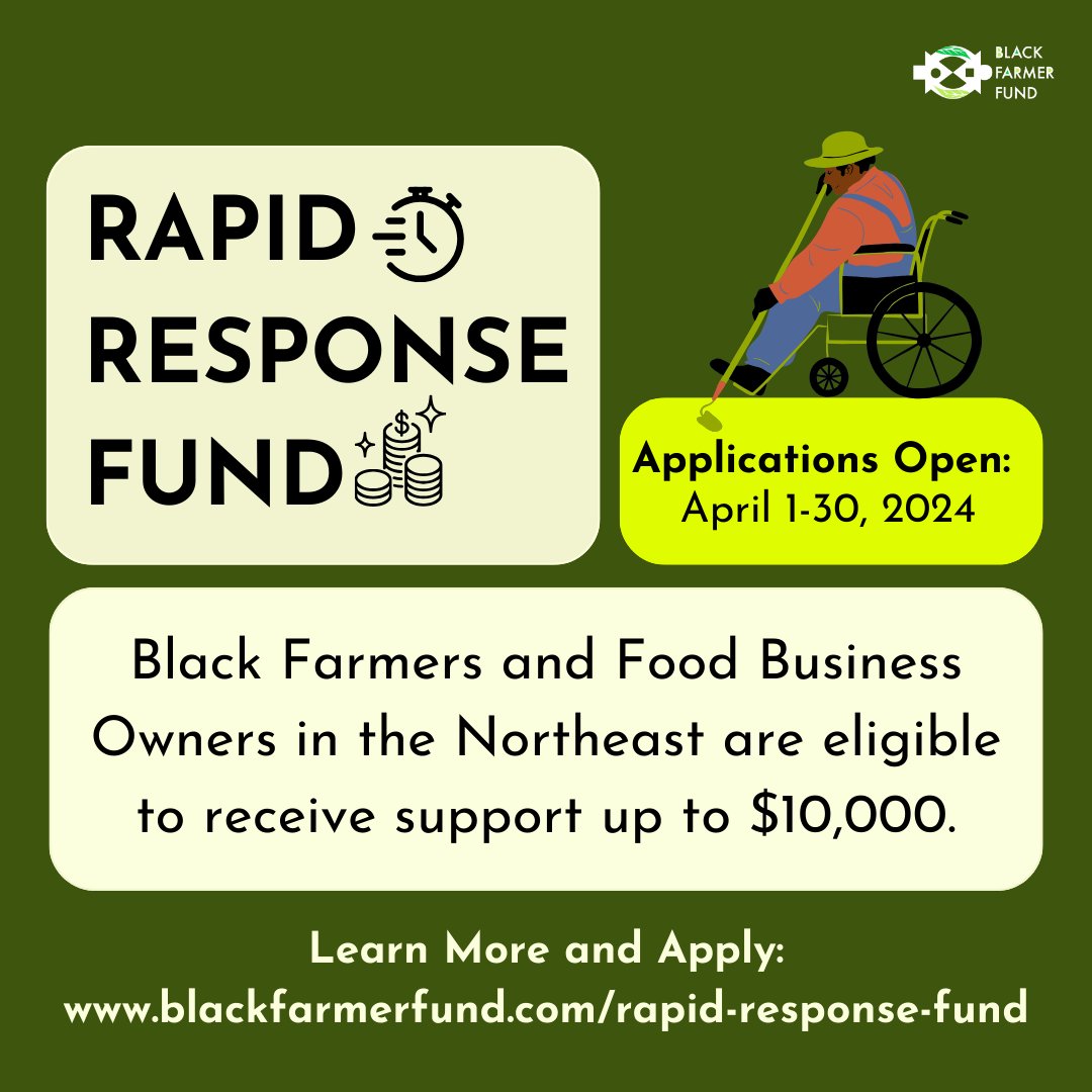 Facing an emergency? Apply for the BFF Rapid Response Fund! Our community-powered fund provides direct financial support to Black farmers & food businesses in the Northeast. Apply by April 30: blackfarmerfund.org/rapid-response… #RapidResponseFund #DisasterRelief #BlackFarmers