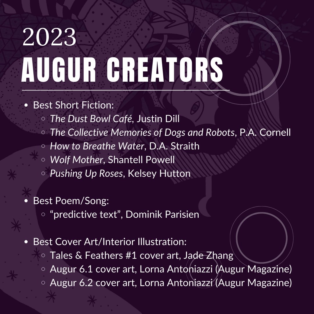 ONE WEEK LEFT to nominate your choice for the CSFFA Aurora Awards! It is our pleasure and priviledge to work with some of Canada's most talented creators - check out these amazing '23 Augur contributors who are eligible for nomination! #csffa #auroraawards
