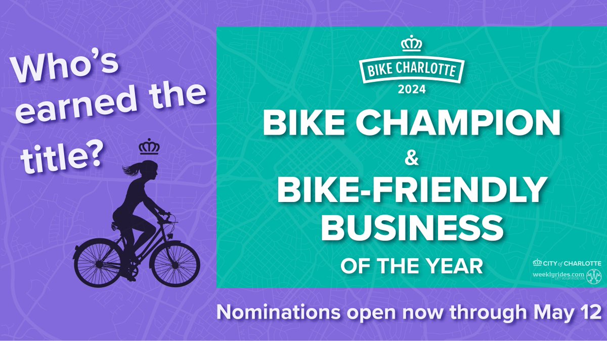 Get ready to gear up for Bike Month this May! 🚴‍♂️ Starting TODAY, nominate your choice for Charlotte’s first-ever Bike Champion and Bike Friendly Business of the Year! weeklyrides.com/bikecharlotte #BikeCharlotte #BikeMonth #Charlotte