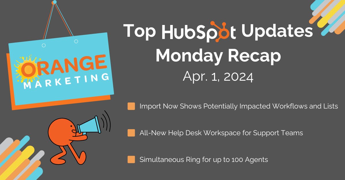 OrangeMktg1's tweet image. 🚀 Exciting @HubSpot Updates this week! 🚀
⏱️  Import Now Shows Potentially Impacted Workflows and Lists
👩💼 All-New Help Desk Workspace for Support Teams
📞 Simultaneous Ring for up to 100 Agents.
Check out our recap here 👇 #HubSpot #HubSpotUpdates...
bit.ly/3vBjfc4