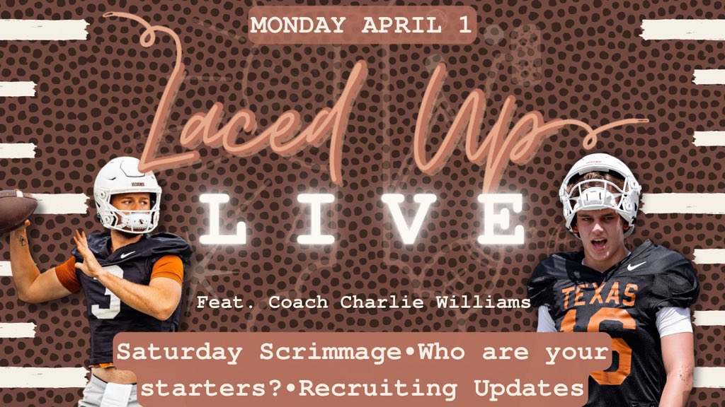 💥ITS MONDAY, YALL!!💥

That means there’s a LacedUp LIVE! Show with @CoachWilliamsII tonight at 7pm CST!

Coach Dub has a full slate of notes in preparation for this Saturdays scrimmage & we talk about some very special guests set to take some OVs to ATX 🤘🏼

Come have fun with