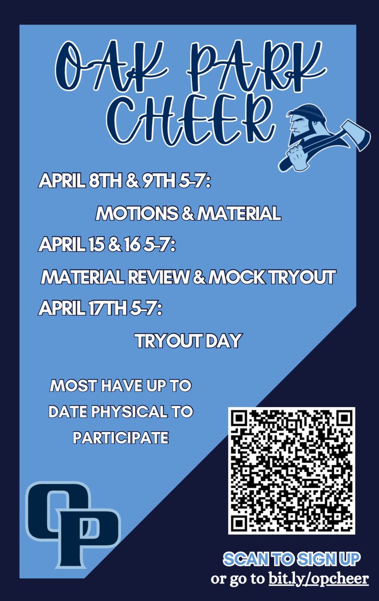 Hello! If you are interested in trying out for the next season, there will be a perspective parent meeting at 5pm on Wednesday in the Cafe! Check out the QR code for tryout details!