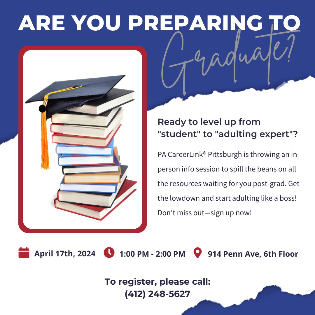 Attend @PACareerLinkPgh's session on Wednesday, April 17 to learn more about life after graduation! Register by calling (412) 248-5627.