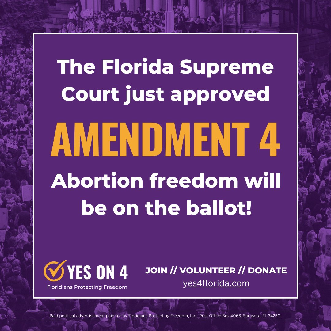 BREAKING: The FL Supreme Court has just ruled in favor of adding abortion to the General Election ballot this November! This is a huge step forward in the fight to protect abortion rights in Florida. But the work isn’t over! Join @yes4florida to help pass Amendment 4!