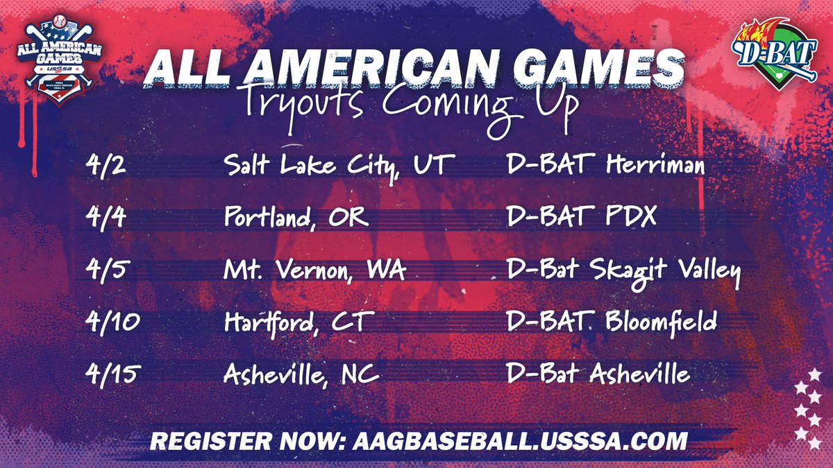 🚨All American Games Tryouts Coming Up🚨 It's not too late to sign up! 👀⚾️ FULL list of tryouts ⬇️ aagbaseball.usssa.com/tryout-informa… #AAGBB #PlayUSSSA