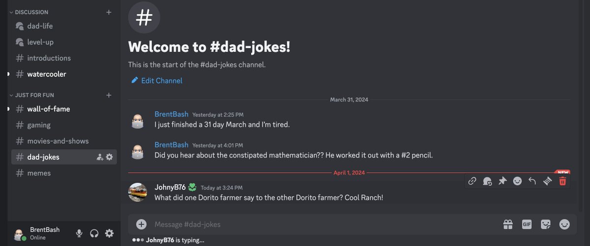 Then there were two! Come say hi, you're welcome to share your dad related content there for discussion and feedback (as soon as there are a couple more people 😆). Getting in early has its privileges! discord.gg/EGd8aksqyh