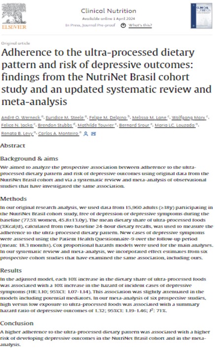 Hot off the press! 🔥First longitudinal analysis of the new NutriNet Brasil cohort shows greater adherence to the ultra-processed dietary pattern, measured by the Nova 24h dietary recall, increases the risk of depressive symptoms by 42% (95%CI: 1.26-1.60) doi.org/10.1016/j.clnu…