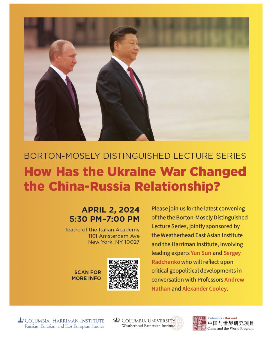 On Tuesday, April 2, from 5:30-7 PM EDT, WEAI joins @HarrimanInst for a deep dive into Sino-Russian Relations: 'How Has the Ukraine War Changed the China-Russia Relationship?' with experts Yun Sun, Sergey Radchenko, Andrew J. Nathan, and Alexander Cooley weai.columbia.edu/events/how-has…