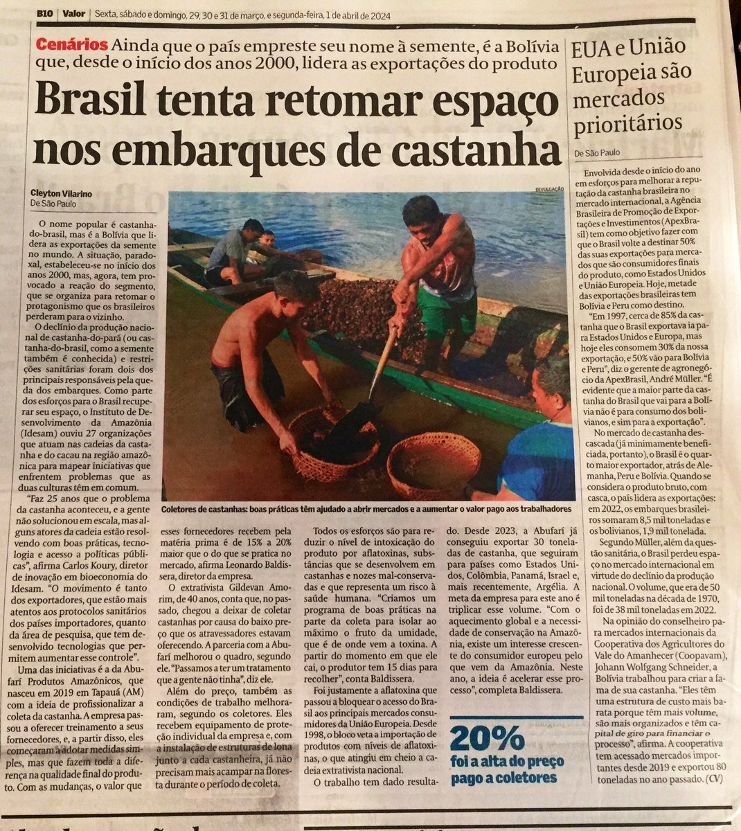 Valor: Brazil attempts to win back Brazil nut 🥜 exports from neighboring Bolivia that since the 2000s has been the world’s largest exporter. Recent good practices in collection have led to improved working conditions & payments. US & European Union considered priority markets