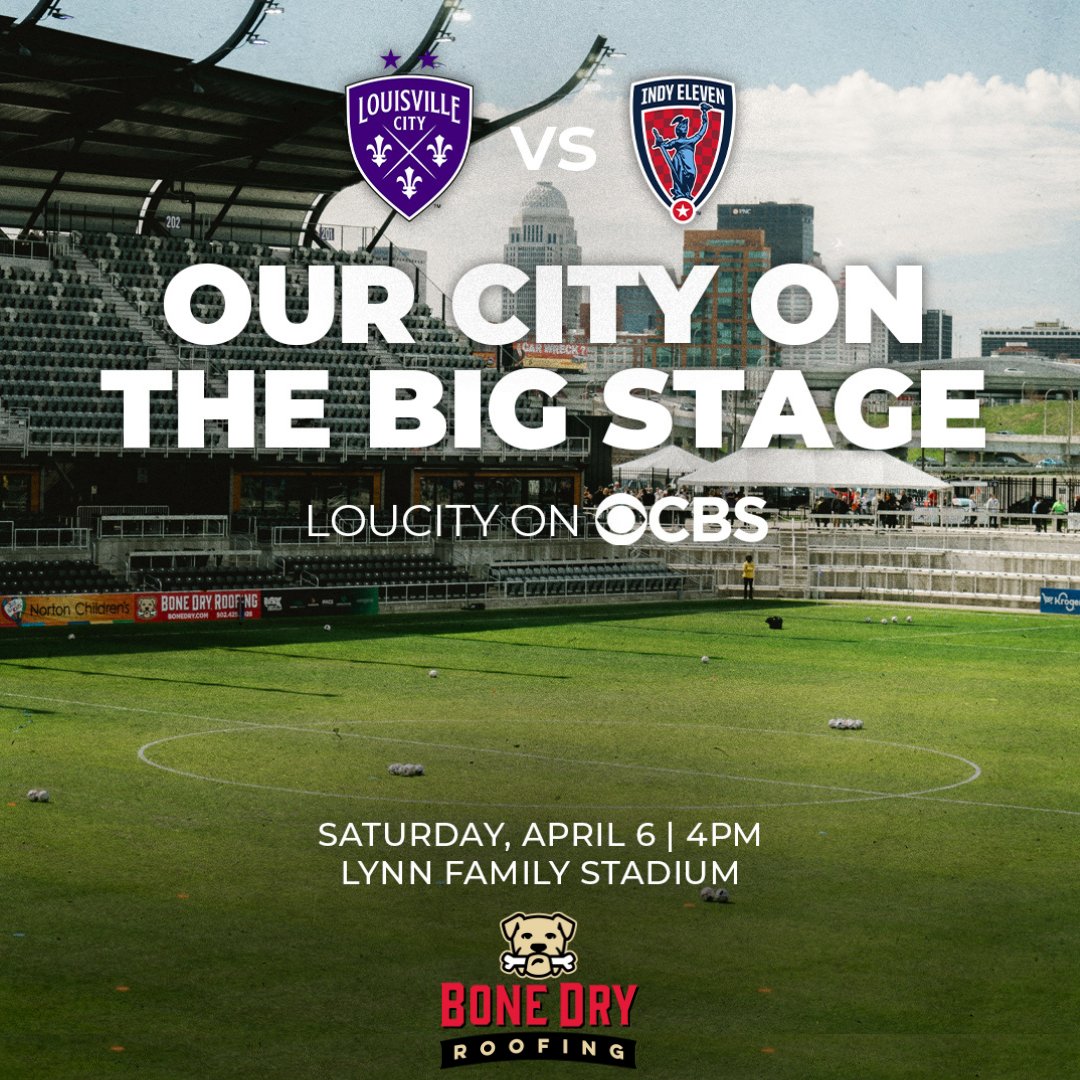 It's time to get LOUD📣! Let’s introduce the nation to Lynn Family Stadium &amp; our friends, @LouCityFC1⚽! 🤩 Help us pack the stands Sat., 4/6, as LouCity hosts rival Indy Eleven. Coverage will air on CBS, the club’s first-ever game on TV!  #BoneDry #BoneDryRoofing #LouCityFC