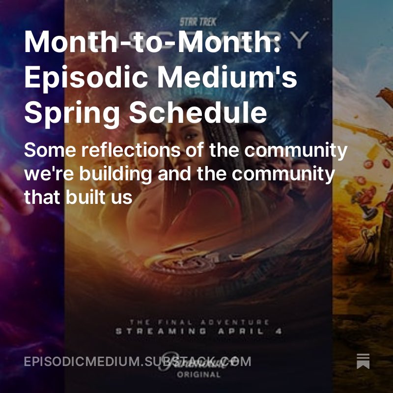 Episodic Medium’s spring schedule is now live, with @CarolineSiede on #DoctorWho, @zhandlen on #StarTrekDiscovery, and some meta-reflections on last week’s (premature) eulogy for the A.V. Club comment section. episodicmedium.substack.com/p/month-to-mon…