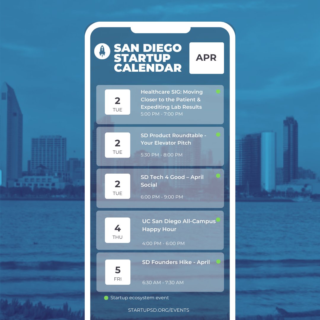 A lot of events happening this week, so plan accordingly! Here’s the highlights for this weeks San Diego Startup Calendar April 1 - 5, 2024: 🚀 Check out the full Startup Calendar: startupsd.org/events/ #StartupSD #startupsandiego #startups #StartupCalendar