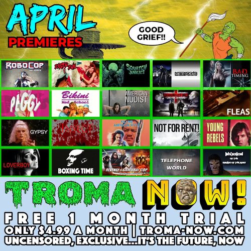 You know what’s mind boggling? How such high quality material can be put on Troma Now AND be watched for the first month free. LOOK AT THESE TITLES! DON’T MISS OUT!!! #80s #retro #troma #gore #horror #toxicavenger #robocop #tromanow