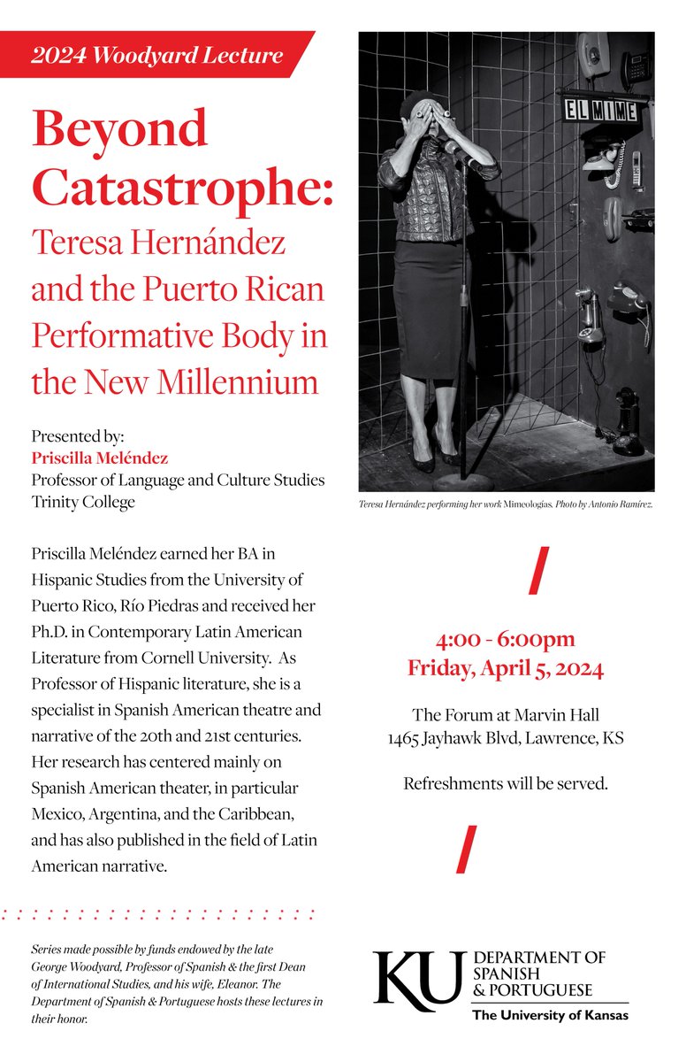 The 2024 George &amp; Eleanor Woodyard Lecture is this Friday, April 5 at The Forum, Marvin Hall! Guest speaker Priscilla Meléndez will present the lecture, "Beyond Catastrophe: Teresa Hernández and the Puerto Rican Performative Body in the New Millenium". calendar.ku.edu/event/woodyard…